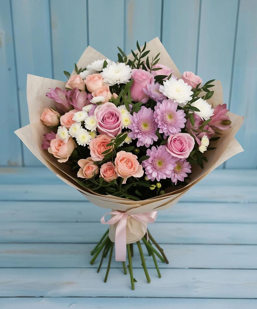 Букет цветов из: Хризантемы, Розы и Альстромерии в Евсино