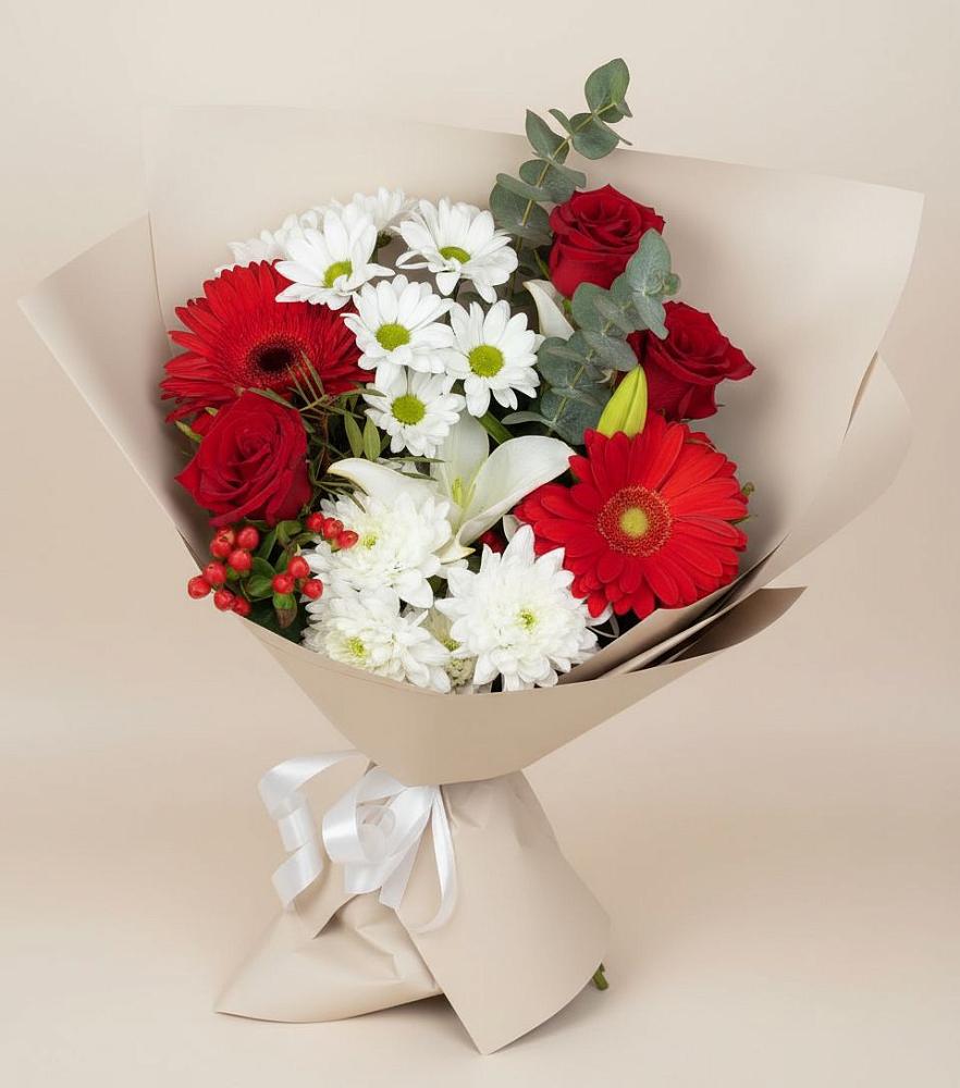 Букет цветов из: Розы, Хризантемы, Герберы и Лилии в Евсино