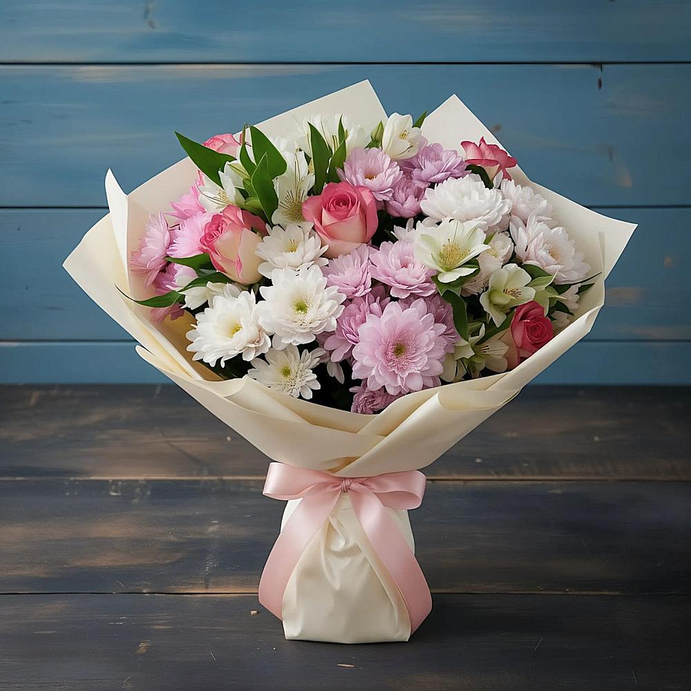 Букет цветов из: Хризантемы, Альстромерии и Розы в Евсино